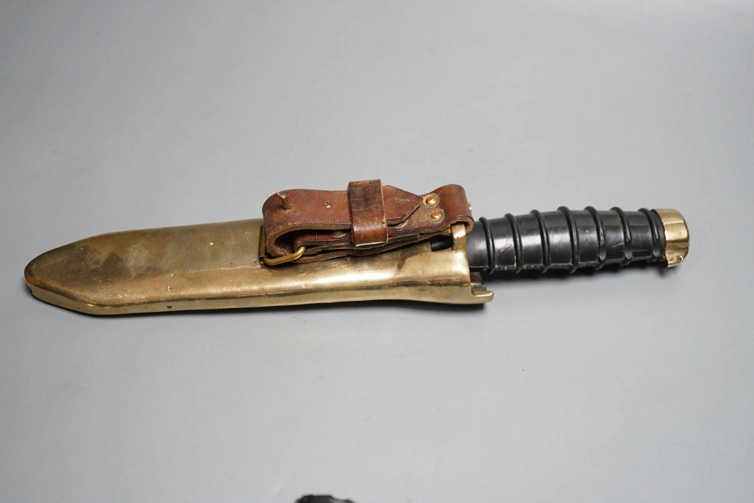 A Russian diver's knife, Spirotechnique diver's wristwatch, Knife 32 cms long.